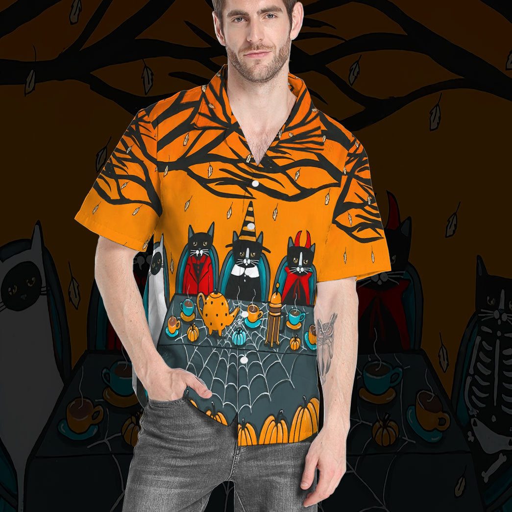 Happy Halloween Tea and Coffee Party Black Cats Custom Short Sleeves Shirt 9