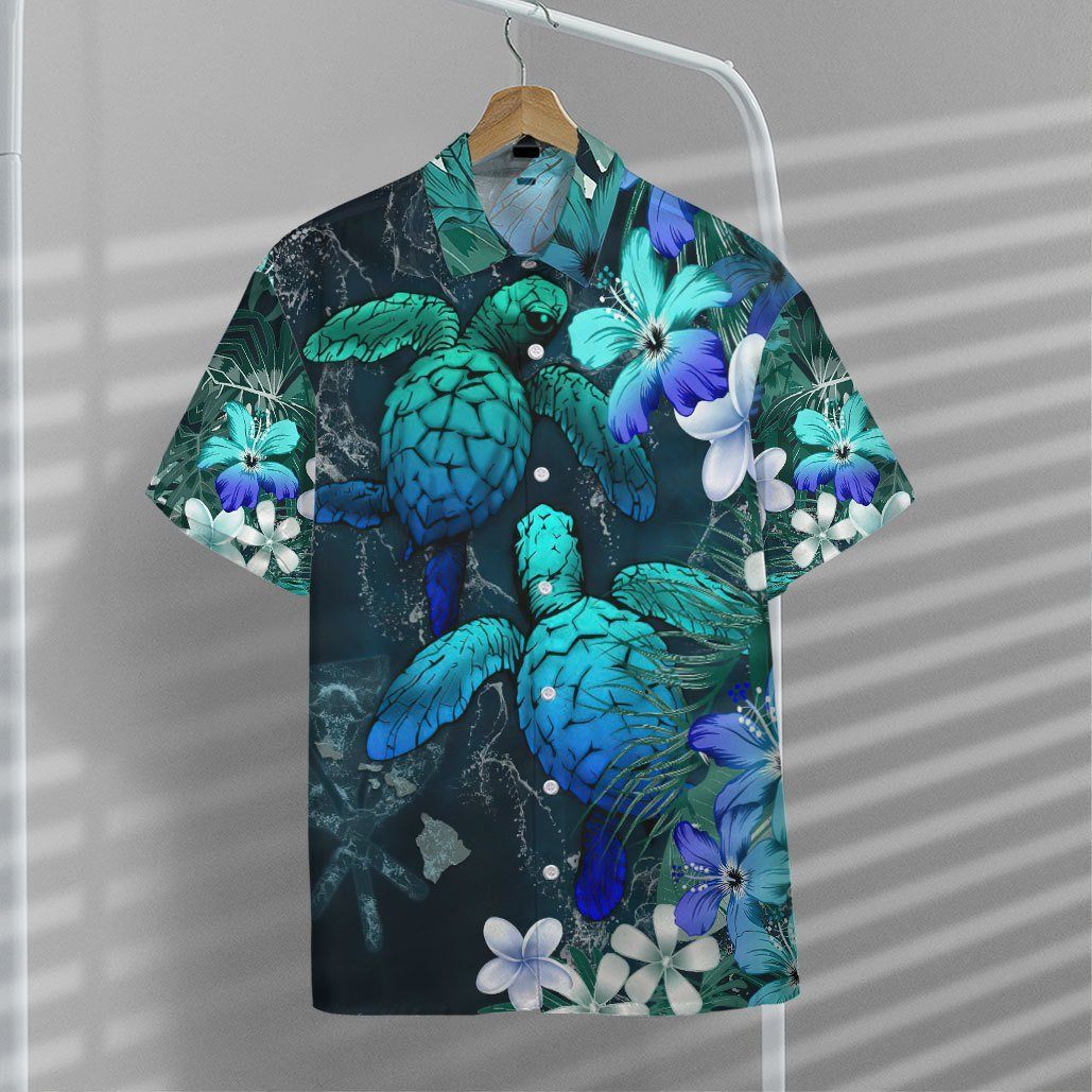 Sea Turtle Tropical Hibiscus And Plumeria Blue Hawaii Shirt 7