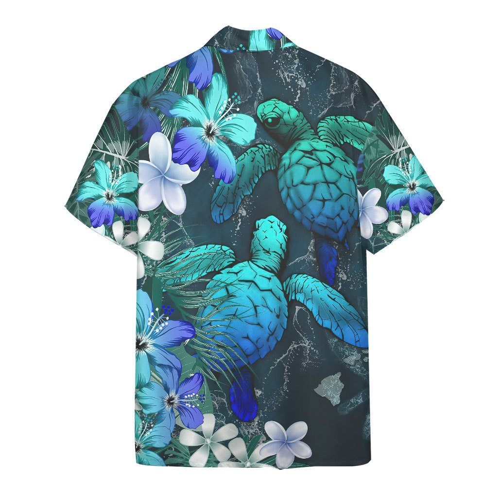 Sea Turtle Tropical Hibiscus And Plumeria Blue Hawaii Shirt