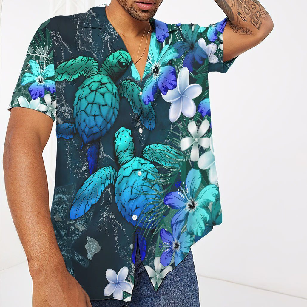 Sea Turtle Tropical Hibiscus And Plumeria Blue Hawaii Shirt 3