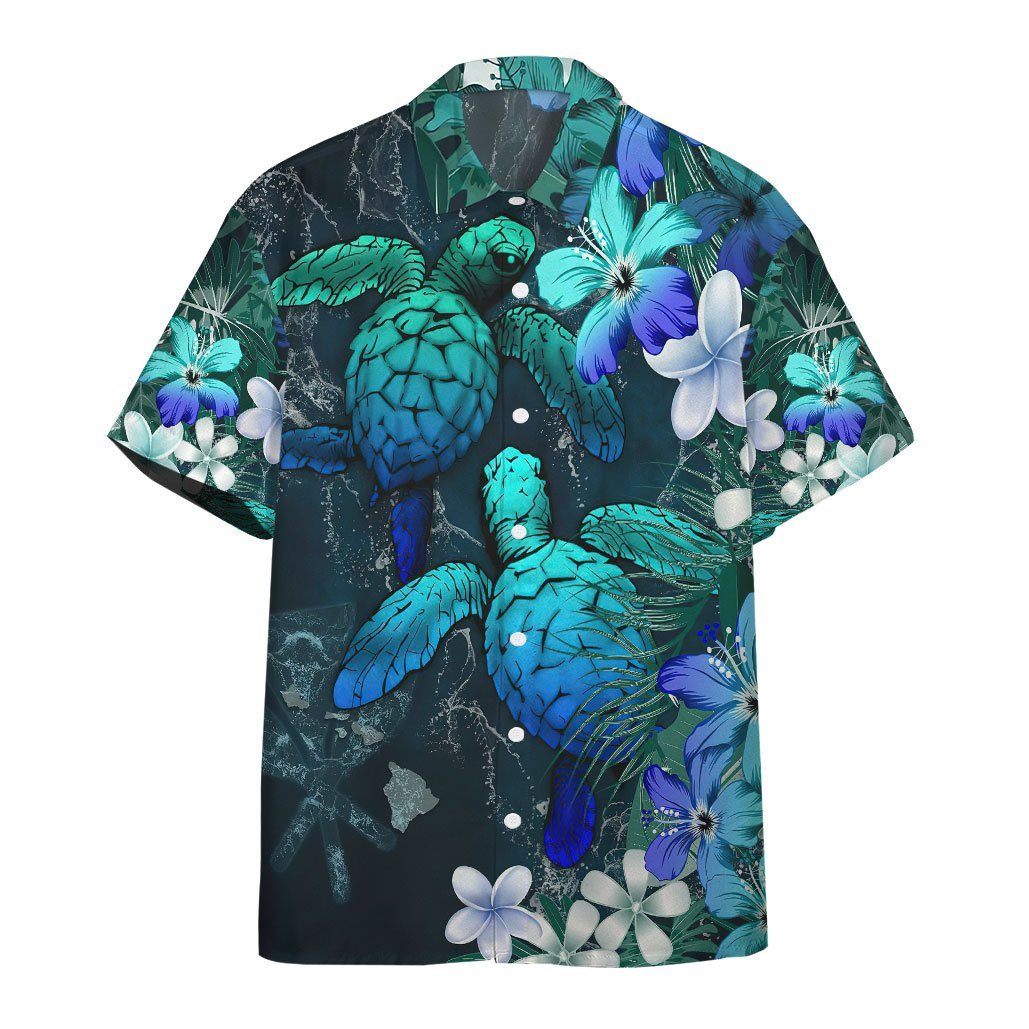 Sea Turtle Tropical Hibiscus And Plumeria Blue Hawaii Shirt
