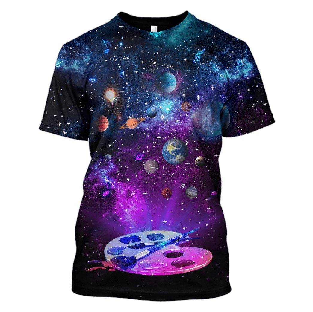 Watercolor brush in the space with many planets Custom T-shirt – Hoodies Apparel