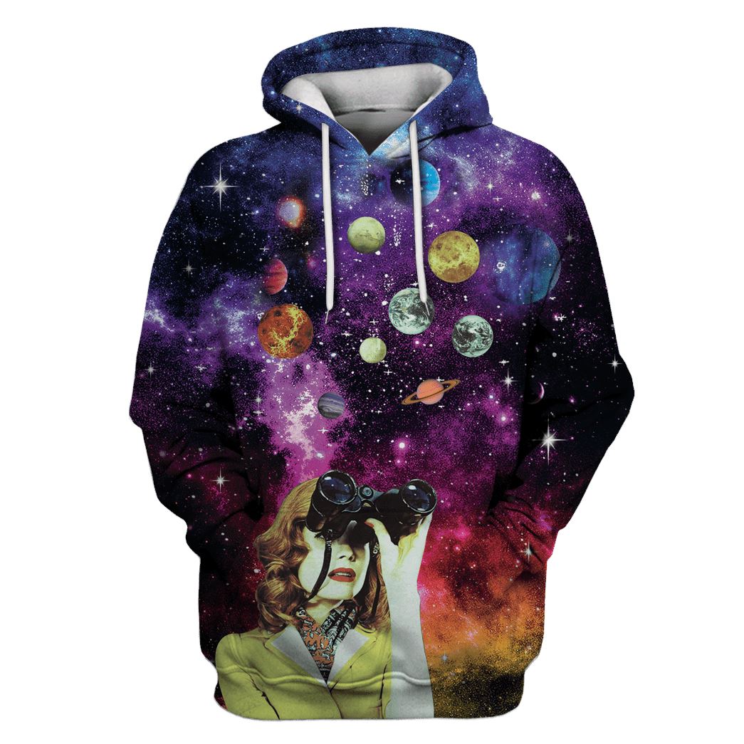 Woman Seeing The Galaxy With Binoculars Custom T-shirt – Hoodies Apparel