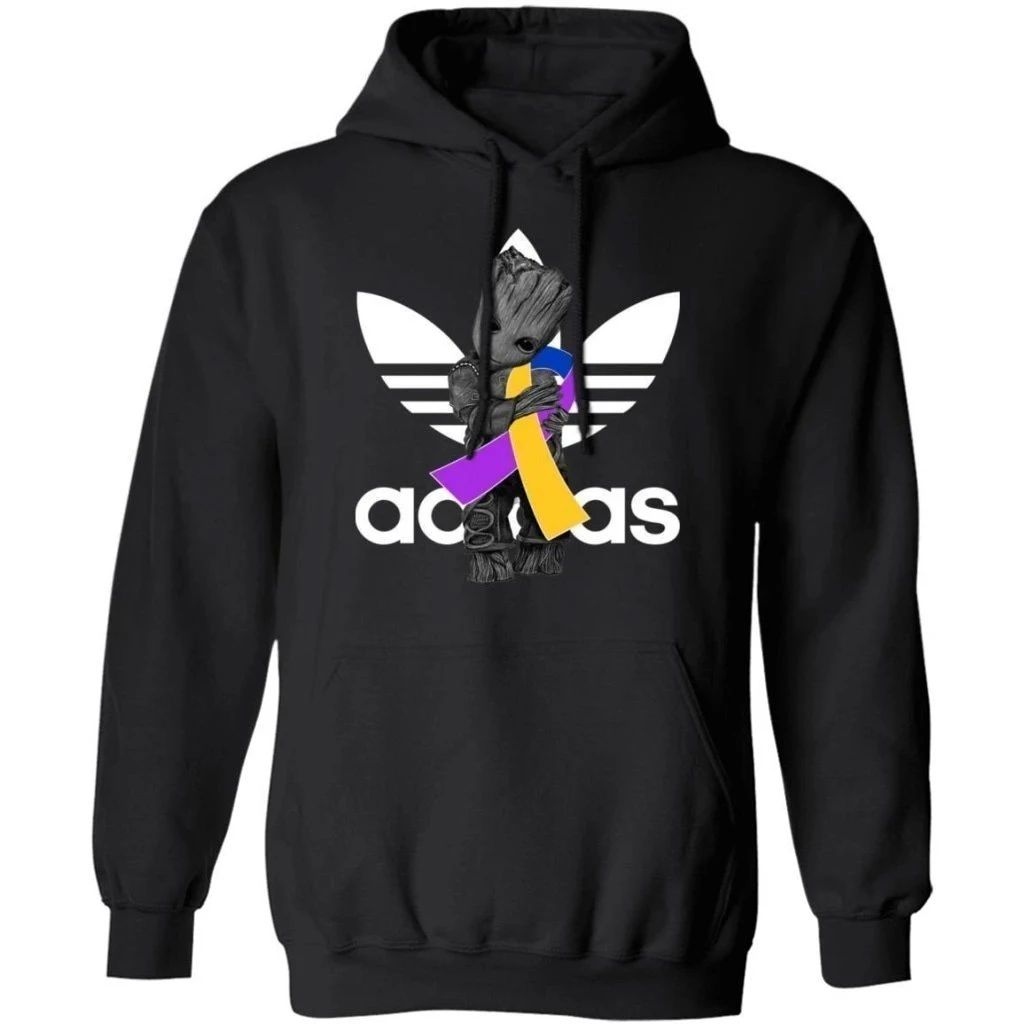 Groot Hugging Blue Yellow Purple Ribbon Bladder Cancer Awareness Hoodie For Cancer Warrior