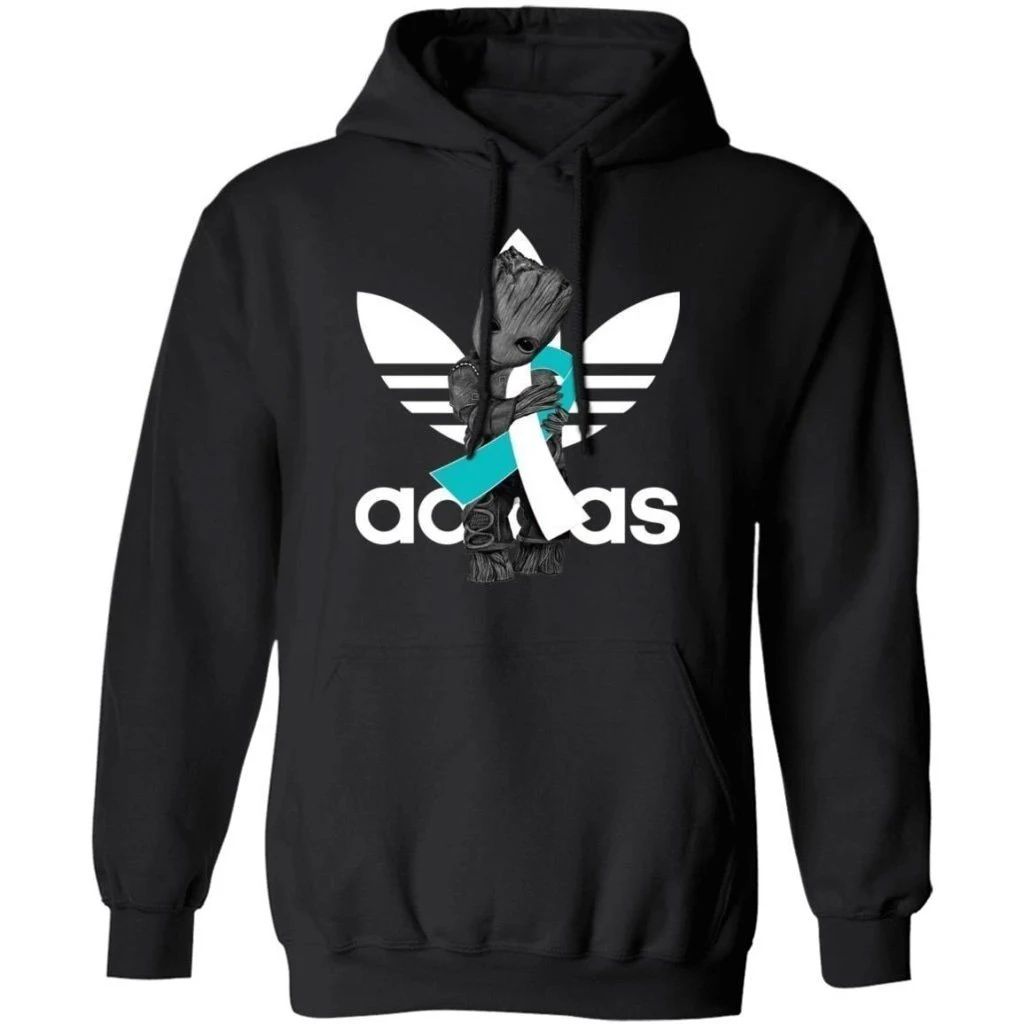 Groot Hugging White Teal Ribbon Cervical Cancer Awareness Hoodie For Cancer Warrior