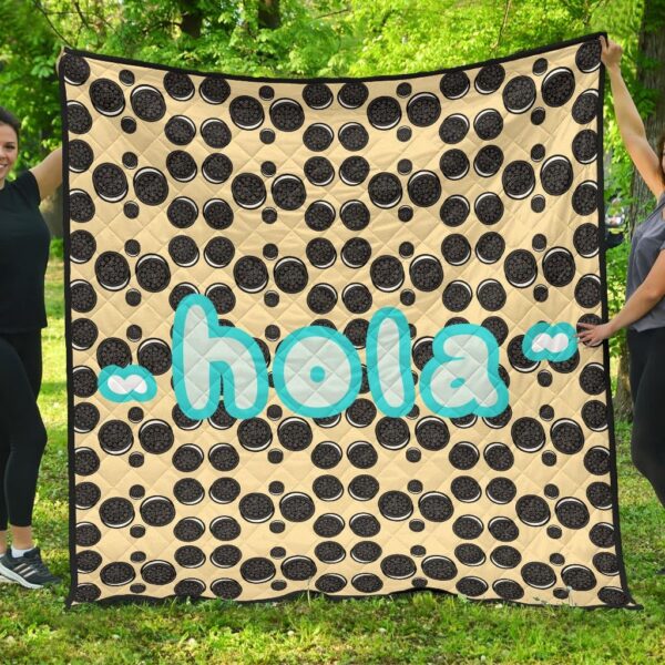 Blue Hola Text Oreo Cookies Patterns With Milk Premium Quilt Blanket