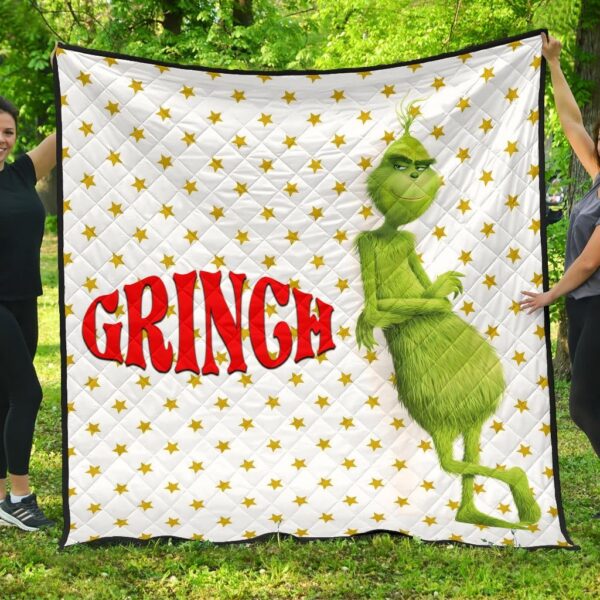 Christmas Premium Quilt | Grinch Smiling Stand Up Against Text Twinkle Stars Quilt Blanket