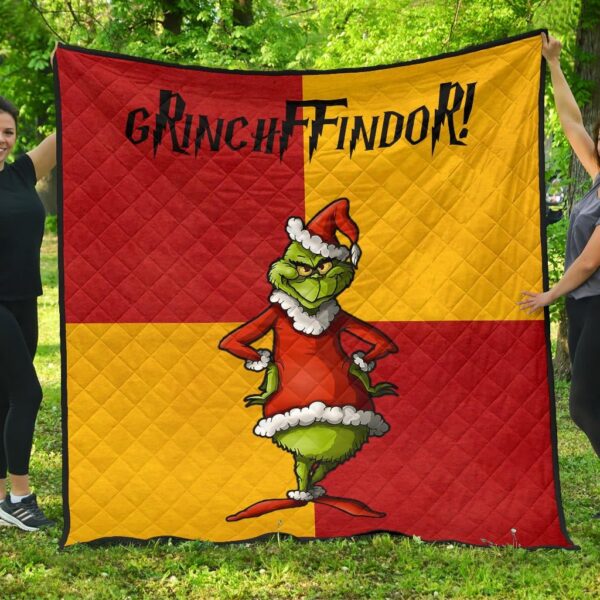 Christmas Premium Quilt | Grinchffindor Grinch Hogwarts Gryffindor Red Yellow Quilt Blanket