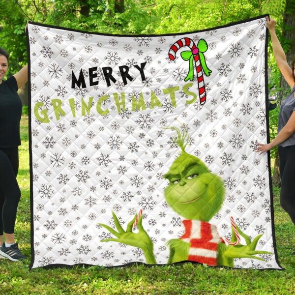 Christmas Premium Quilt | Merry Grinchmats Grinch Smiling Candy Cane Gift Quilt Blanket