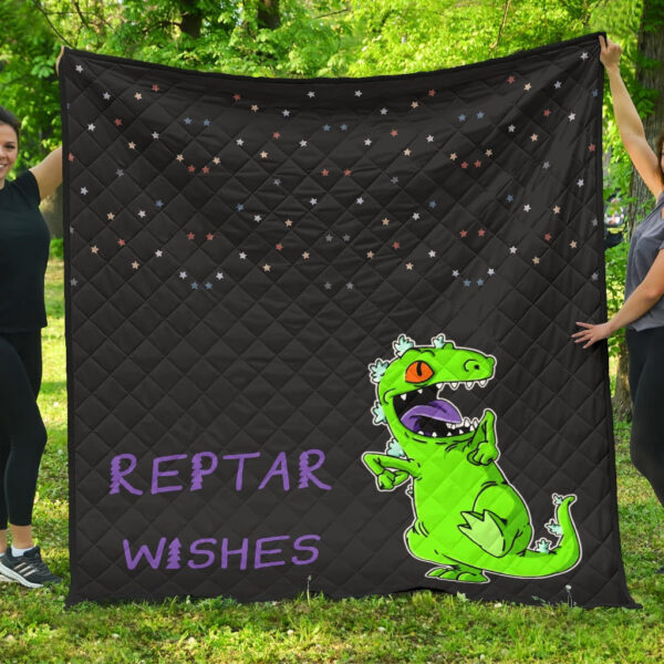 Christmas Premium Quilt | Reptar Wishes Green Dinosaur T-Rex Quilt Blanket