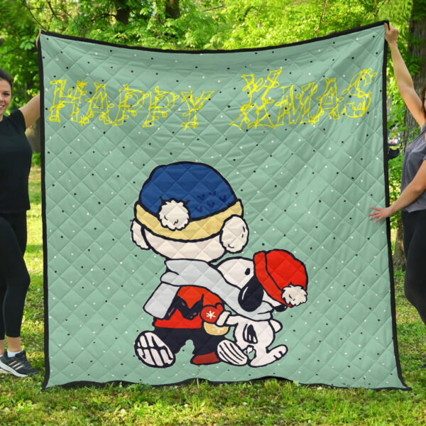 Christmas Premium Quilt | Snoopy And Charlie Brown Walking Snowing Quilt Blanket