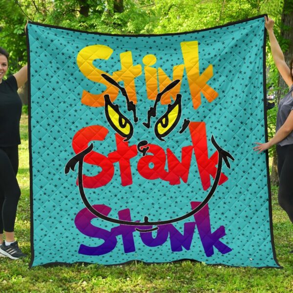 Christmas Premium Quilt | Stink Stank Stunk Grinch Face Minimal Stars Quilt Blanket