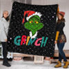 Christmas Premium Quilt | The Grinch Face Wearing Xmas Hat Artwork Quilt Blanket 1