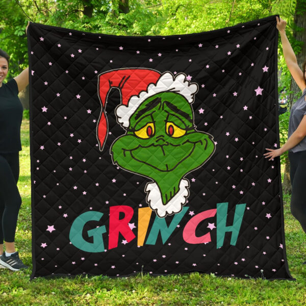 Christmas Premium Quilt | The Grinch Face Wearing Xmas Hat Artwork Quilt Blanket