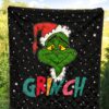 Christmas Premium Quilt | The Grinch Face Wearing Xmas Hat Artwork Quilt Blanket 5