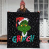 Christmas Premium Quilt | The Grinch Face Wearing Xmas Hat Artwork Quilt Blanket 3