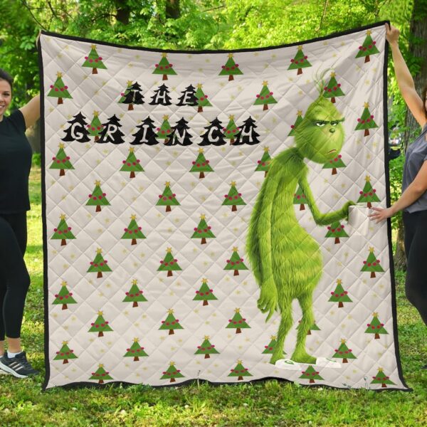 Christmas Premium Quilt | The Grumpy Grinch Drink Coffee Xmas Tree Patterns Quilt Blanket