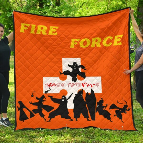 Fire Force Anime Premium Quilt Characters Silhouette Fighting Orange Yellow Text Quilt Blanket