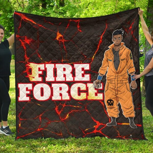 Fire Force Anime Premium Quilt Ogun Montgomery Wearing Orange Uniform Larsen Background Quilt Blanket