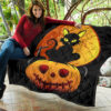 Halloween Premium Quilt | Black Cat On Pumpkin RIP Yellow Moon Quilt Blanket 11