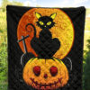 Halloween Premium Quilt | Black Cat On Pumpkin RIP Yellow Moon Quilt Blanket 5