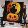 Halloween Premium Quilt | Black Cat On Pumpkin RIP Yellow Moon Quilt Blanket 1