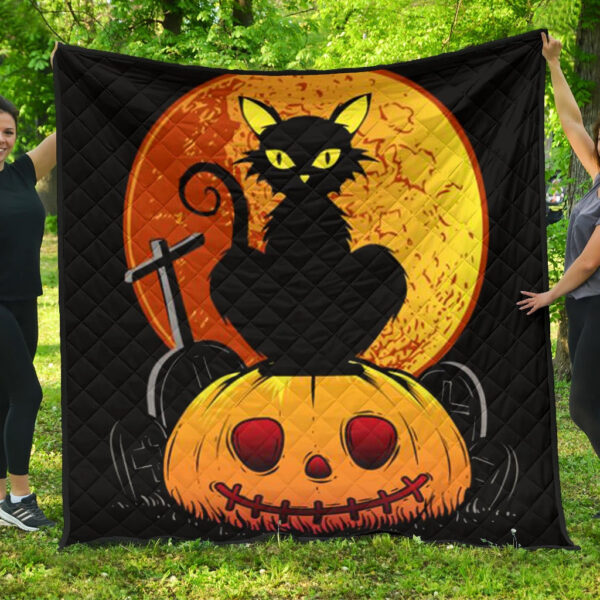 Halloween Premium Quilt | Black Cat On Pumpkin RIP Yellow Moon Quilt Blanket