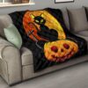 Halloween Premium Quilt | Black Cat On Pumpkin RIP Yellow Moon Quilt Blanket 15