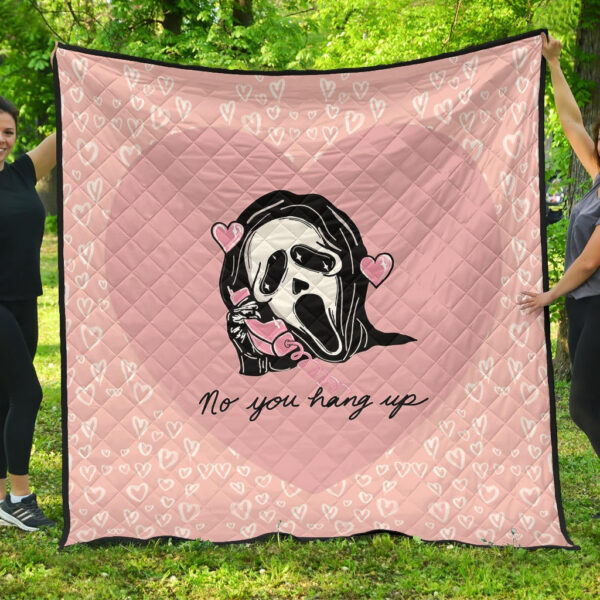 Halloween Premium Quilt | No You Hang Up Funny Ghostface Calling Pink Hearts Quilt Blanket