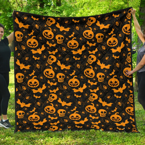 Halloween Premium Quilt | Orange Pumpkin Skull Bat Spider Symbols Quilt Blanket