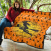 Halloween Premium Quilt | Witch On Broom And Cat Silhouette Patterns Quilt Blanket 11