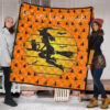 Halloween Premium Quilt | Witch On Broom And Cat Silhouette Patterns Quilt Blanket 1