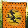 Halloween Premium Quilt | Witch On Broom And Cat Silhouette Patterns Quilt Blanket 5