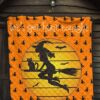 Halloween Premium Quilt | Witch On Broom And Cat Silhouette Patterns Quilt Blanket 7