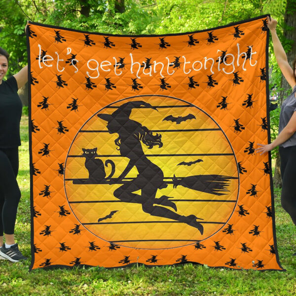 Halloween Premium Quilt | Witch On Broom And Cat Silhouette Patterns Quilt Blanket