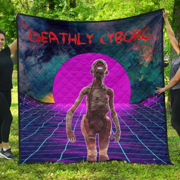 Horror Movie Deathly Cyborg Alien And Robot Retrowave Premium Quilt Blanket