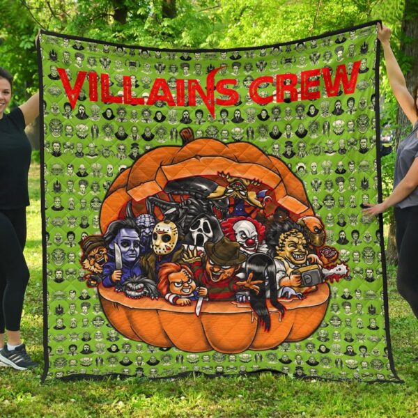 Horror Movie Villains Crew In Pumpkin Green Patterns Premium Quilt Blanket