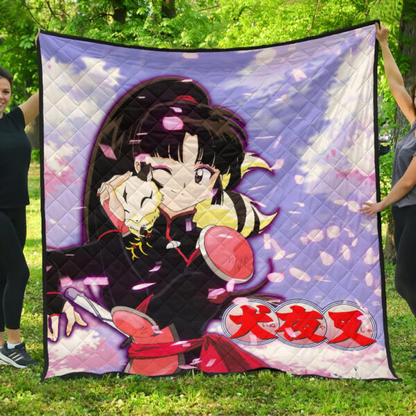 Inuyasha Anime Premium Quilt Sango And Kirara Hugging Sakura Blossom Kanji Text Quilt Blanket