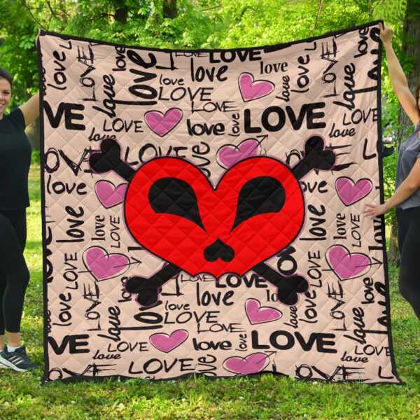 Love Premium Quilt – Love Text Patterns Skull Heart Symbol Quilt Blanket