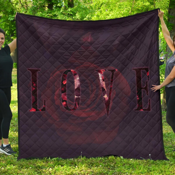 Love Premium Quilt – LOVE Text Rose Flower Black Background Quilt Blanket