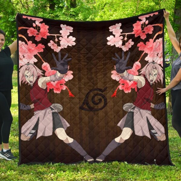 Naruto Anime Premium Quilt – Sakura Punch Cherry Blossom Konoha Symbol Quilt Blanket