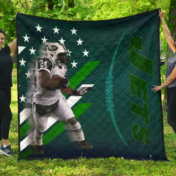 New York American Football Jets Football Player 24 Running Fading American Flag Premium Quilt Blanket