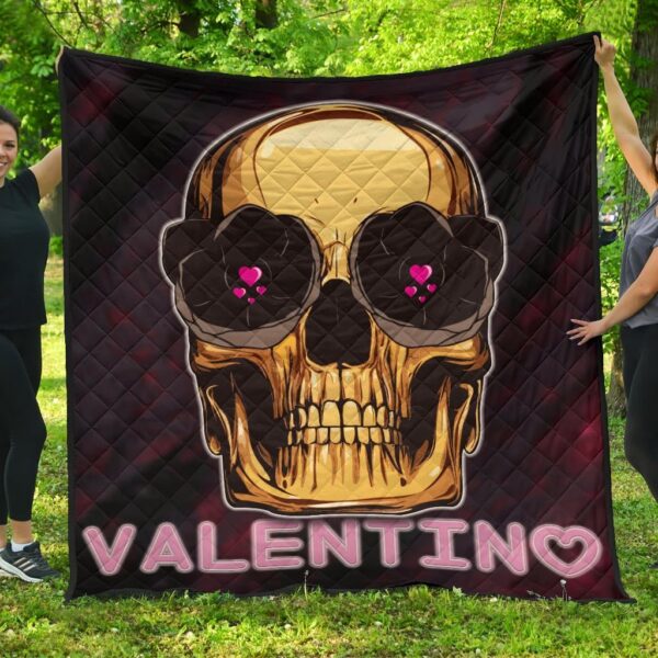 Skull Premium Quilt – Golden Skull Hearts Eyes Happy Valentino Quilt Blanket