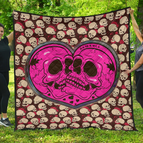 Skull Premium Quilt – Romantic Couple Skull Love Pink Heart Patterns Quilt Blanket