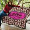 Skull Premium Quilt - Romantic Couple Skull Love Pink Heart Patterns Quilt Blanket 11