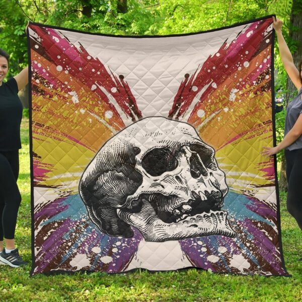 Skull Premium Quilt – Sickness Skull With Colorful Beautiful Butterfly Wings Quilt Blanket