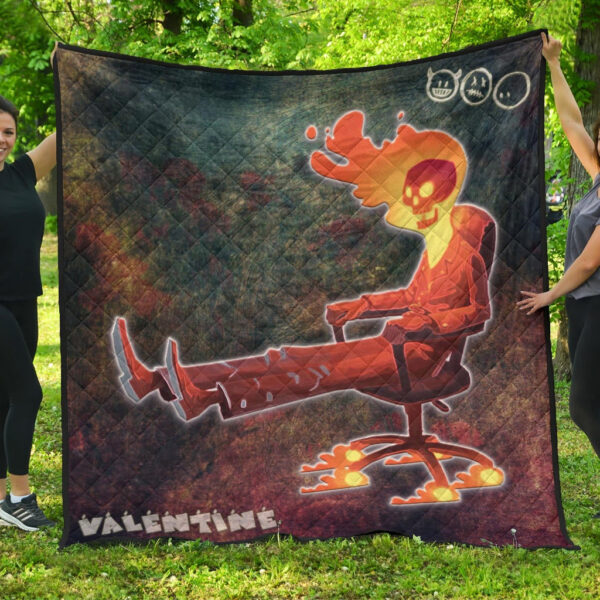 Skull Premium Quilt – Skeleton With Fire Head On Chair Valentine Text Candle Quilt Blanket