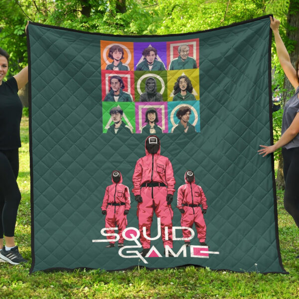 Squid Game Movie Premium Quilt Players Portrait With Black Masked Boss And Squid Worker Standing Quilt Blanket