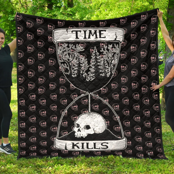 Time Kills Skeleton Head Patterns Sand Timer Premium Quilt Blanket