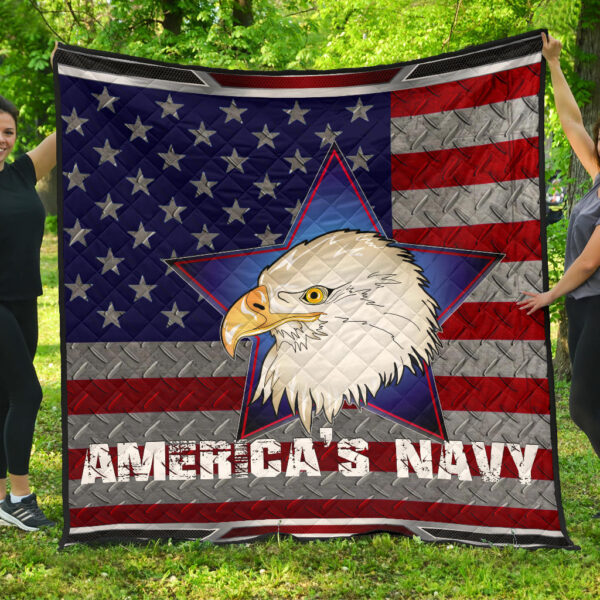 US Independence Day America’s Navy Eagle Head On US Steel Flag Premium Quilt Blanket